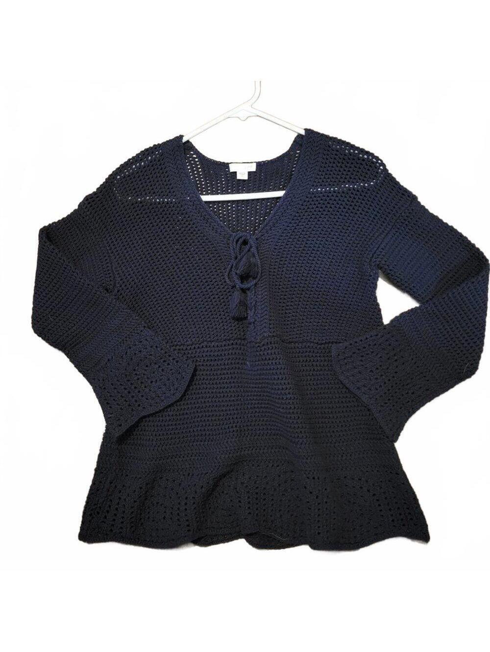 J. Jill Navy Blue Long Sleeve Open Knit Tassel sweater Size XS